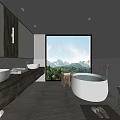 Modern Bathroom Interior With Wooden Countertop Double Sinks Freestanding Bathtub And Mountain View