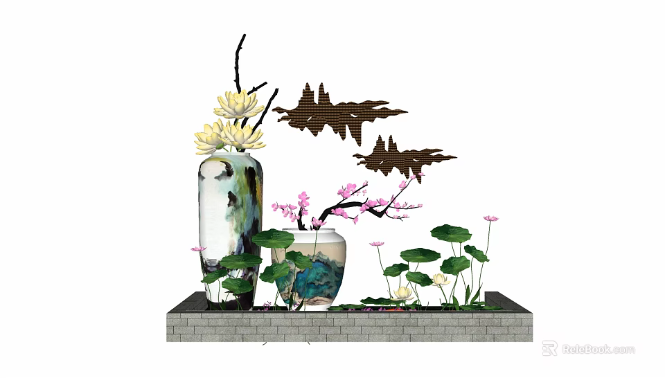 Elegant Garden Ornaments with Lotus Flowers Vase Pink Blossoms Rock Formations and Lotus Leaves 3d model 