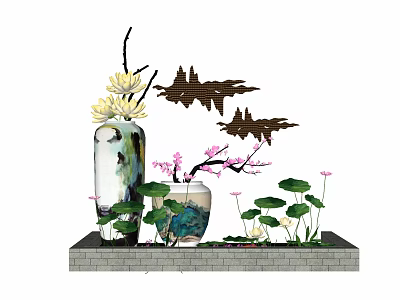 Elegant Garden Ornaments with Lotus Flowers Vase Pink Blossoms Rock Formations and Lotus Leaves 3d model