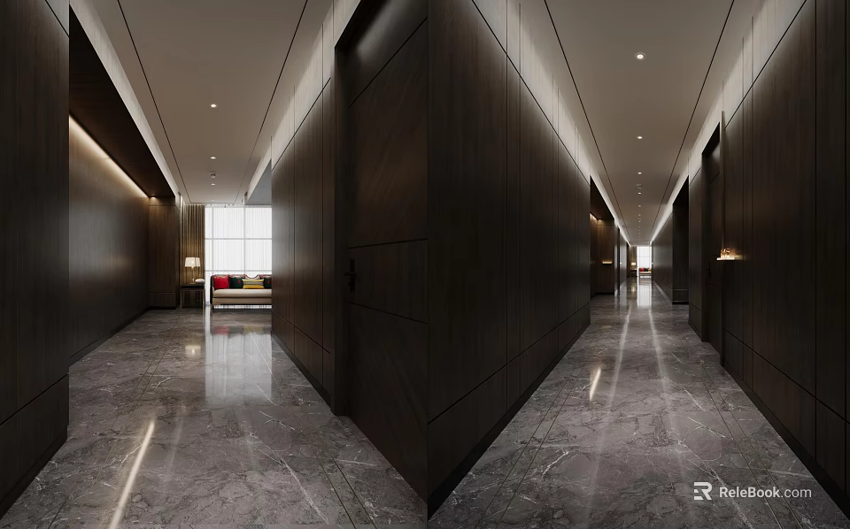 Modern Hotel Corridor With Dark Wood Panel Walls Recessed Ceiling Lights And Marble Flooring 3d model 