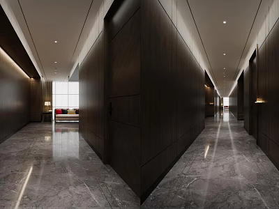 Modern Hotel Corridor With Dark Wood Panel Walls Recessed Ceiling Lights And Marble Flooring 3d model