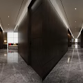 Modern Hotel Corridor With Dark Wood Panel Walls Recessed Ceiling Lights And Marble Flooring