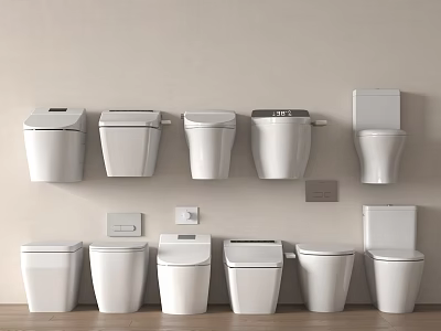 White Toilets Different Styles Wall Mounted and Floor Standing Arranged Against Light Walls Wood Floors 3d model