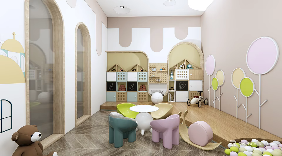 Colorful Kindergarten Indoor Space With Playful Chairs Round Table Wall Decorations And Toys 3d model 