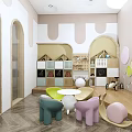 Colorful Kindergarten Indoor Space With Playful Chairs Round Table Wall Decorations And Toys