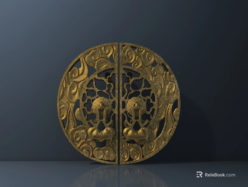 Golden Circular Double Paneled Carved Decor With Intricate Scroll Patterns And Mythical Figures Design 3d model 