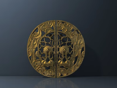 Golden Circular Double Paneled Carved Decor With Intricate Scroll Patterns And Mythical Figures Design 3d model
