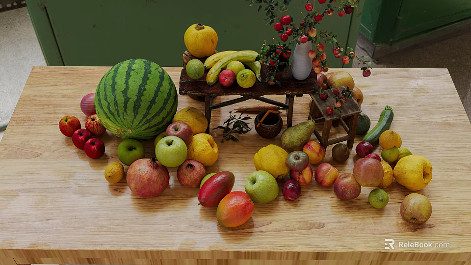 Fresh Various Fruits Watermelon Banana Apple Pear Peach On Wooden Table With Red Flower Vase 3d model 