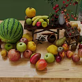 Fresh Various Fruits Watermelon Banana Apple Pear Peach On Wooden Table With Red Flower Vase
