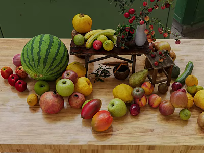 Fresh Various Fruits Watermelon Banana Apple Pear Peach On Wooden Table With Red Flower Vase 3d model