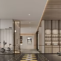 Modern Fitness Gym Interior With Exercise Bikes Treadmills Lockers Mirror Wall And Wooden Decor