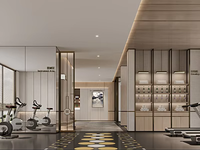 Modern Fitness Gym Interior With Exercise Bikes Treadmills Lockers Mirror Wall And Wooden Decor 3d model