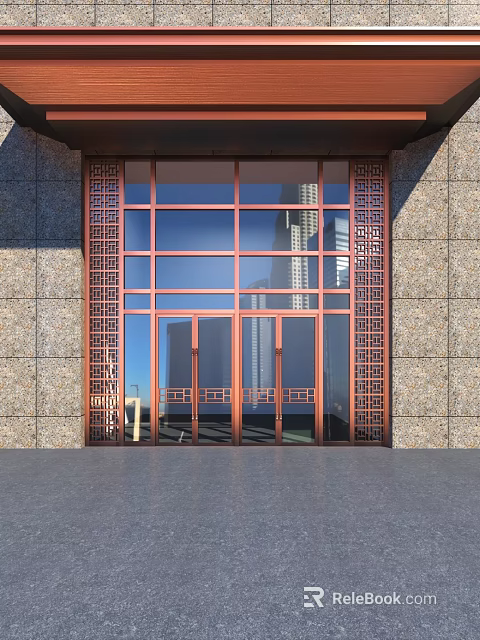 Copper Colored Entrance Gate With Glass Doors And Intricate Lattice Designs On Stone Wall 3d model 