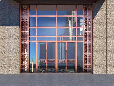 Copper Colored Entrance Gate With Glass Doors And Intricate Lattice Designs On Stone Wall 3d model