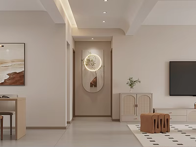 Soft Cream Tone Modern Open Dining And Living Room Interior Design With Warm Ambient Lighting 3d model