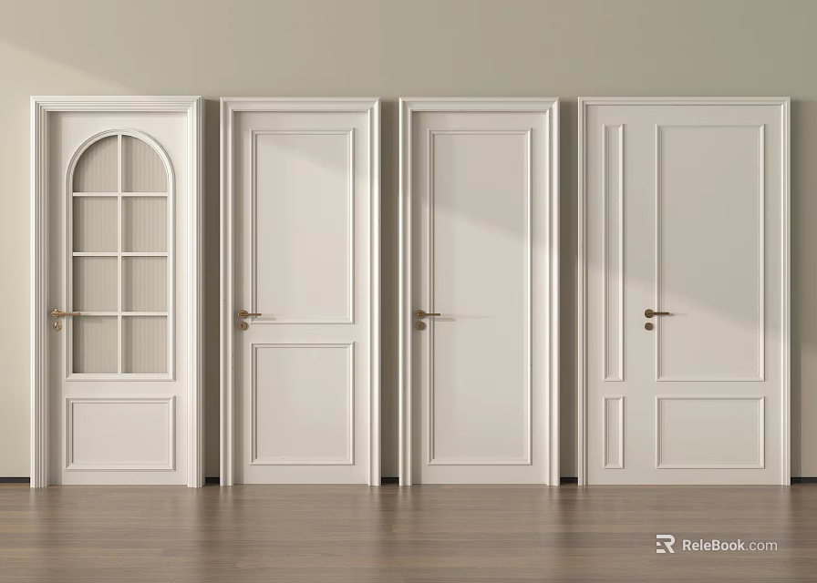 White Hinged Doors With Different Panel Designs And Gold Handles 3d model 