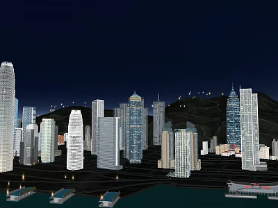 Night View of Modern City Skyline With Illuminated Skyscrapers Hills and Harbor 3d model