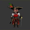 Man Dressed As Pirate With Feather Hat Red Coat And Black Pants Standing