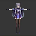 Anime Style Cat Eared Character In Purple Blue Outfit With Flowing Ribbons And Outstretched Hands