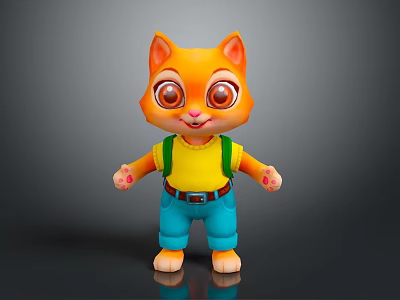 3D Orange Cartoon Cat Character With Big Eyes Yellow T-shirt Green Suspenders Blue Pants Standing 3d model
