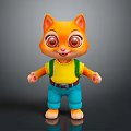 3D Orange Cartoon Cat Character With Big Eyes Yellow T-shirt Green Suspenders Blue Pants Standing