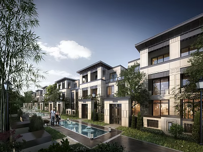 Modern Townhouse Exterior Design With Lush Greenery And Swimming Pool Courtyard 3d model