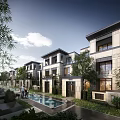 Modern Townhouse Exterior Design With Lush Greenery And Swimming Pool Courtyard