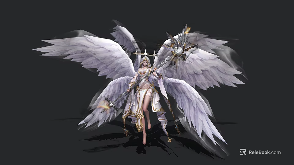 Woman With Large White Wings Ornate Outfit Halo And Golden Staff 3d model 