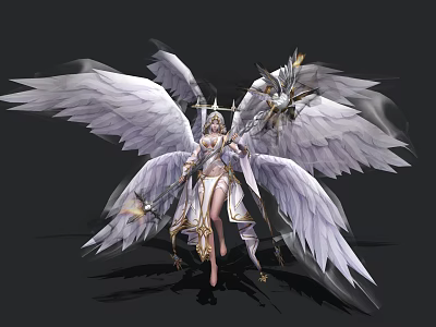 Woman With Large White Wings Ornate Outfit Halo And Golden Staff 3d model