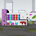 Modern School Building With White And Purple Facade Geometric Windows Open Plaza And Green Trees