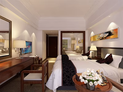 Elegant Hotel Guest Room With Double Bed Wooden Furniture Table Lamp And Decorative Painting 3d model
