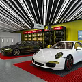 Auto Showroom With Black And White Cars On Red Carpets Yellow Walls Tire Racks TV