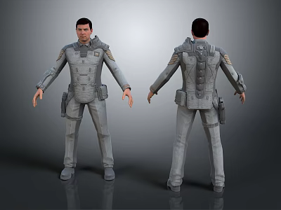 3D Character Model in Gray Tactical Outfit Showing Front and Back Views with Gear Details 3d model
