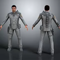 3D Character Model in Gray Tactical Outfit Showing Front and Back Views with Gear Details