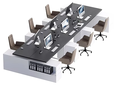 Modern Office Desk Setup With Multiple Monitors And Brown Office Chairs 3d model