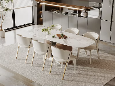 Elegant Modern Dining Table Set With White Chairs Marble Top Gold Legs For Kitchen Space 3d model