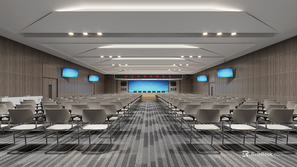 Spacious Modern Conference Room With Rows of Chairs TV Screens and Ceiling Lights 3d model 