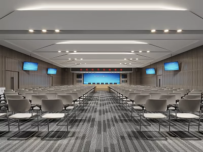 Spacious Modern Conference Room With Rows of Chairs TV Screens and Ceiling Lights 3d model