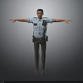 Male Police Officer in Uniform with Arms Outstretched on Gray Background