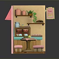 Charming Miniature Pink Shop Scenery With Striped Awning Wooden Tables And Shelf Decor