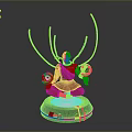 Futuristic Statue Sitting On Round Base With Blue Curved Tentacles And Red Blue Circular Objects