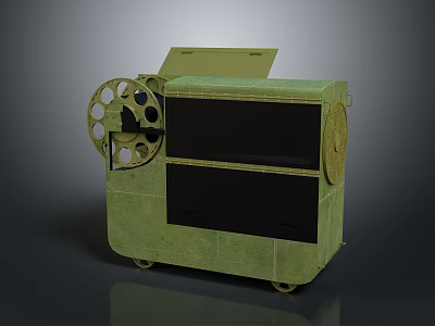 Vintage Green Film Projector With Reel And Two Black Screen Sections On Wheels 3d model
