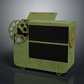 Vintage Green Film Projector With Reel And Two Black Screen Sections On Wheels