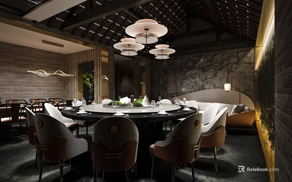 Traditional Chinese Private Dining Room Interior With Round Dining Table Tableware And Pendant Lights 3d model 