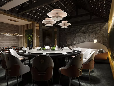 Traditional Chinese Private Dining Room Interior With Round Dining Table Tableware And Pendant Lights 3d model