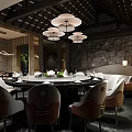 Traditional Chinese Private Dining Room Interior With Round Dining Table Tableware And Pendant Lights