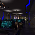 Modern Cyber Cafe Interior With Blue Lighting Black Metal Partition Computers Tables And Green Plants