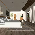 Hotel Room Interior Featuring Comfortable Bed Wooden Ceiling Carpet And Large Windows 3d model