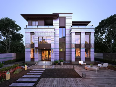 Modern Detached Villa Exterior With Courtyard Greenery Wooden Deck And Large Windows 3d model