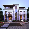 Modern Detached Villa Exterior With Courtyard Greenery Wooden Deck And Large Windows